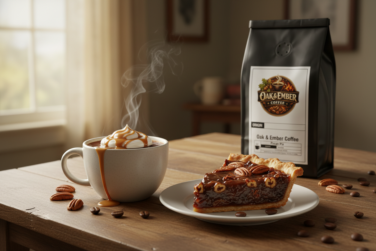 Cozy mug beside a slice of pecan pie