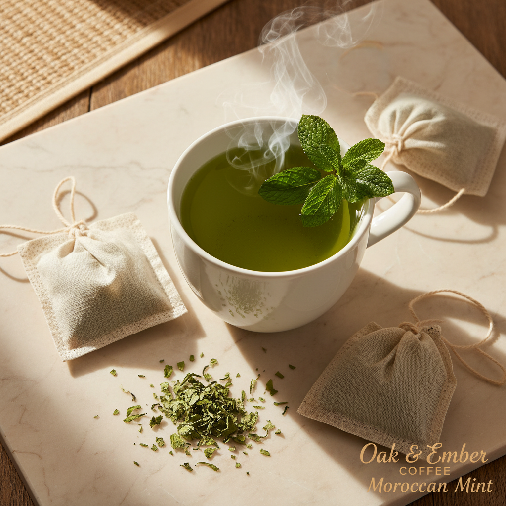 Cozy white mug with spearmint sprig on rim
