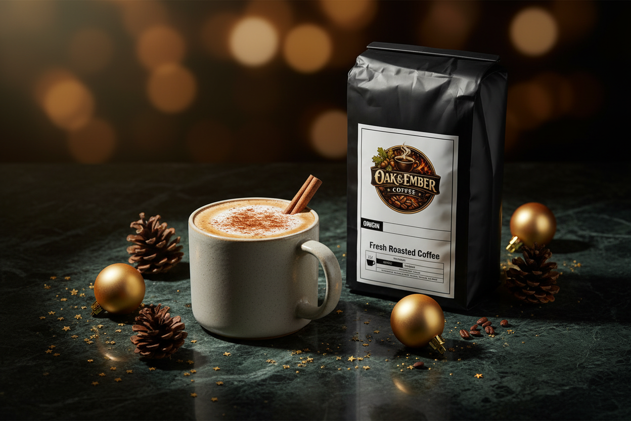 Creamy holiday latte with cinnamon dusting & cinnamon stick
