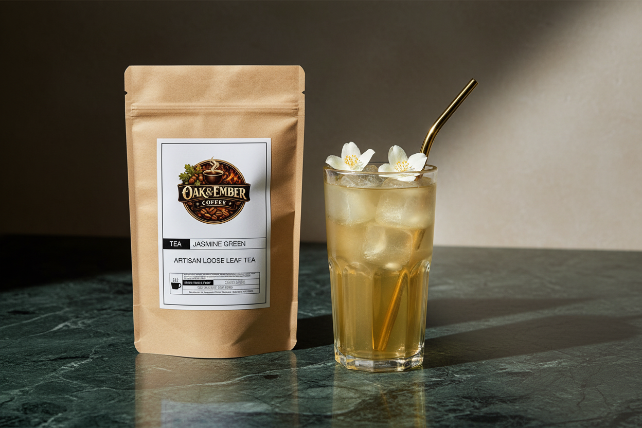 Crystal glass cold brew jasmine tea with jasmine blossoms