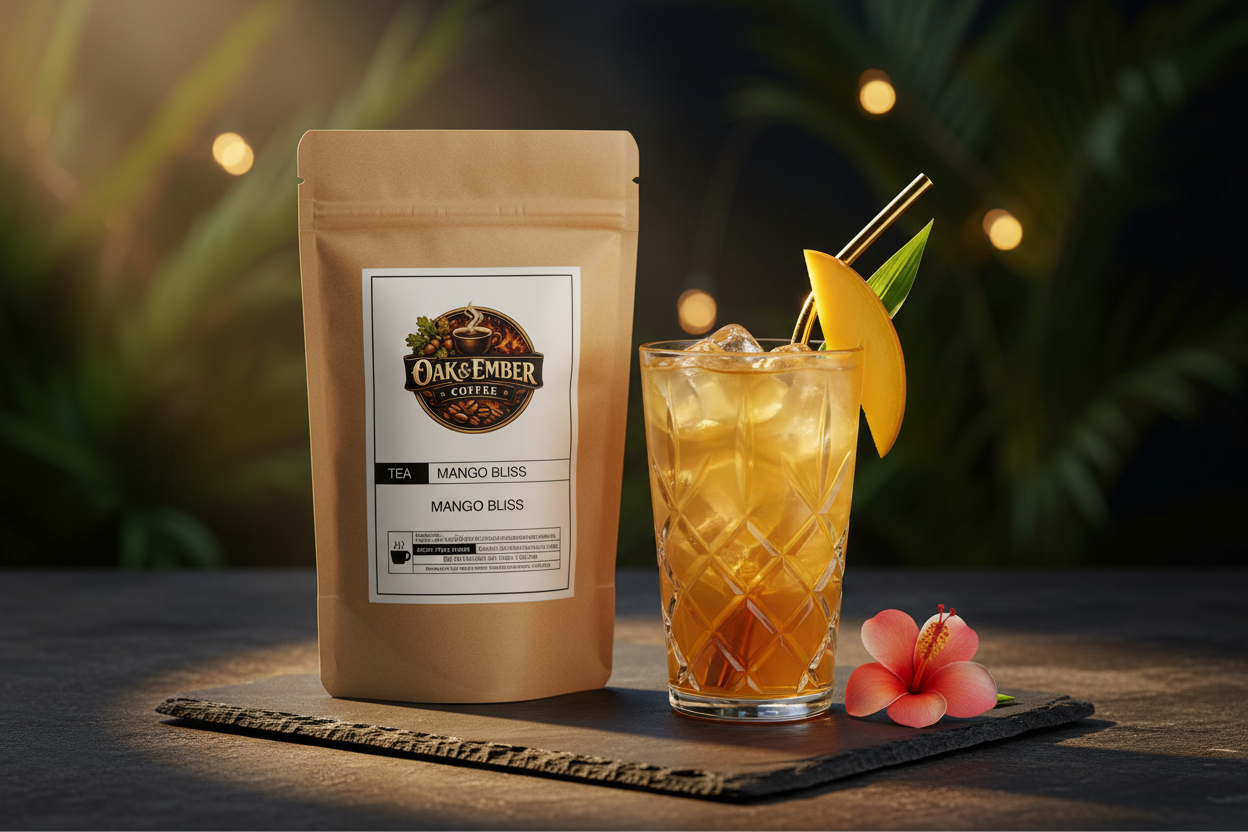 Crystal glass iced mango tea with gold straw