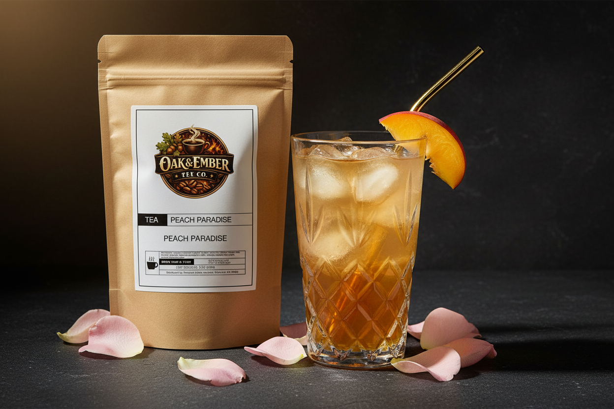 Crystal glass iced peach tea with gold straw & rose petals