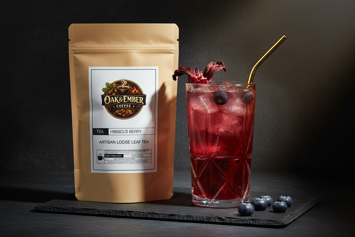 Crystal glass of ruby-red iced hibiscus tea