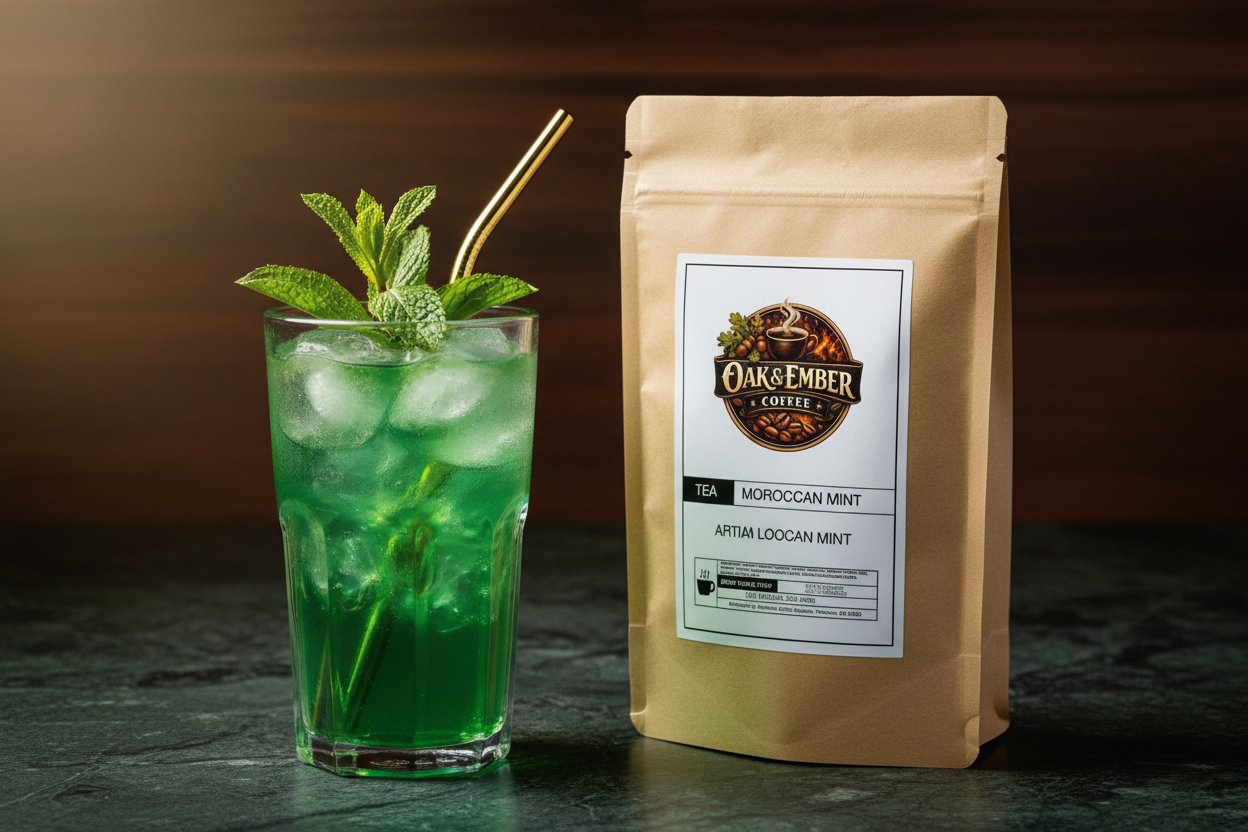 Crystal iced mint tea with gold straw on dark marble