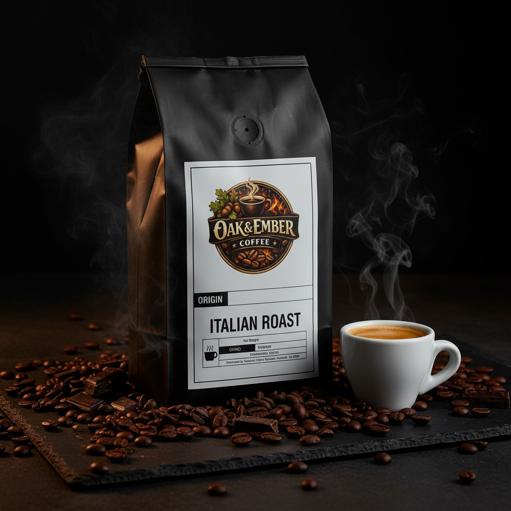 Dark bag with espresso cup & smoke on black slate