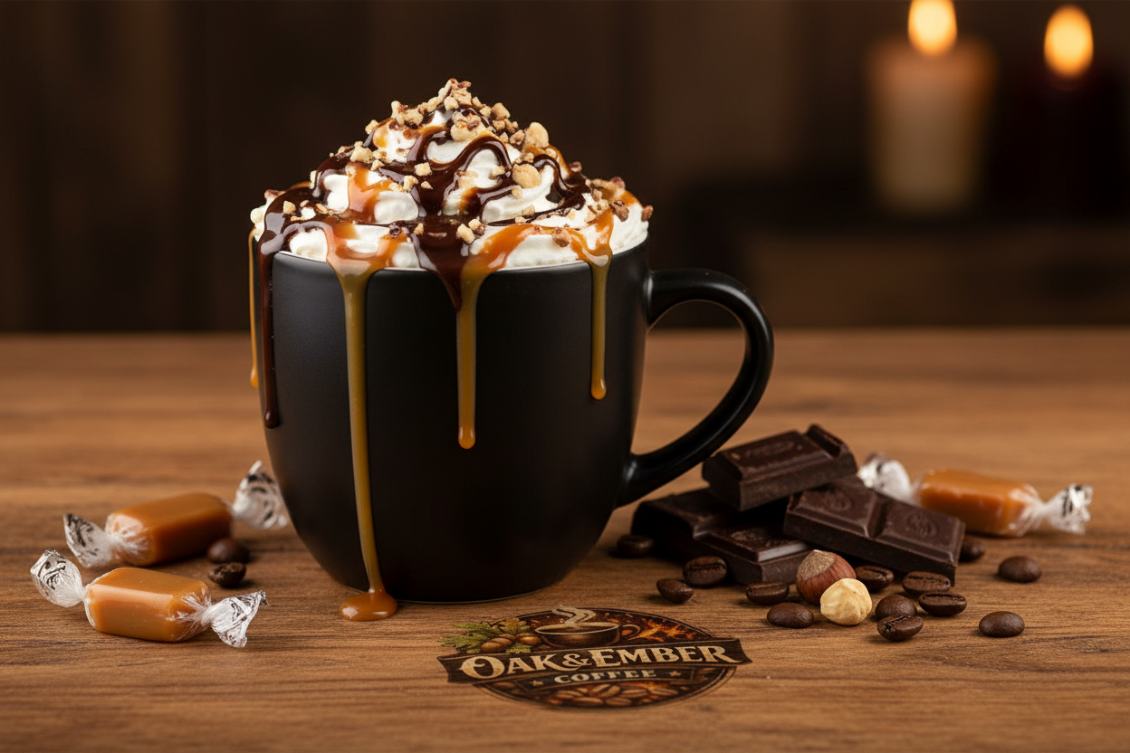 Dessert coffee with whipped cream & triple drizzle