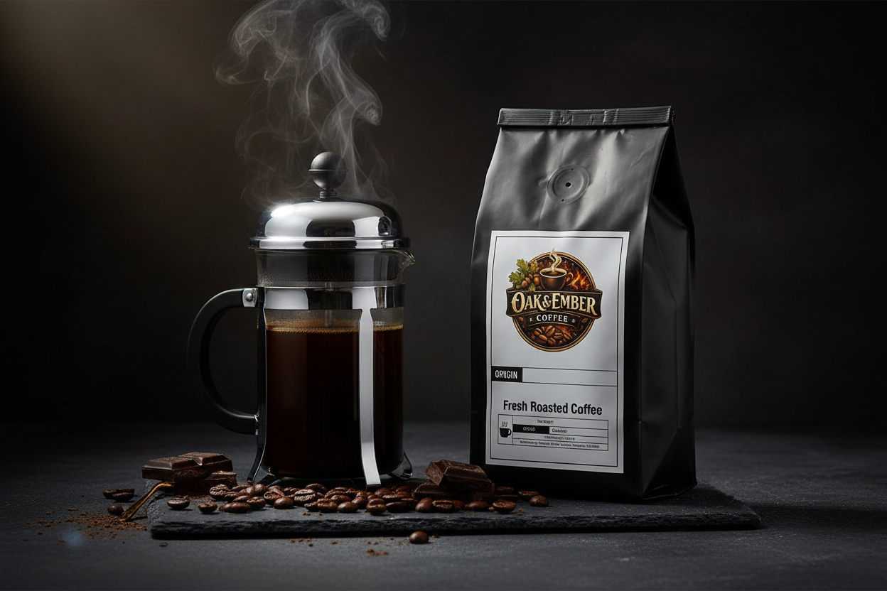 French press with intensely dark coffee & rising steam