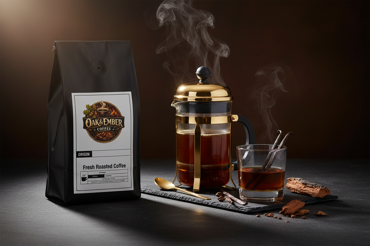 French press with rich amber barrel aged coffee & Bourbon glass