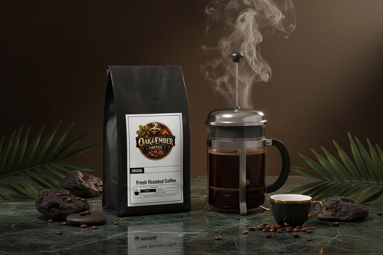 French press with rich dark Latin American coffee & tropical leaves