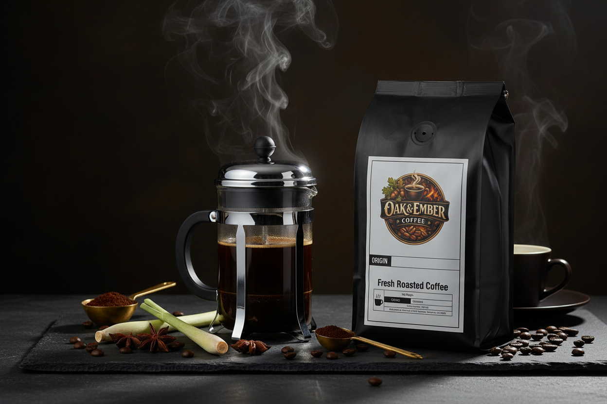 French press with thick dark Southeast Asian coffee & lemongrass