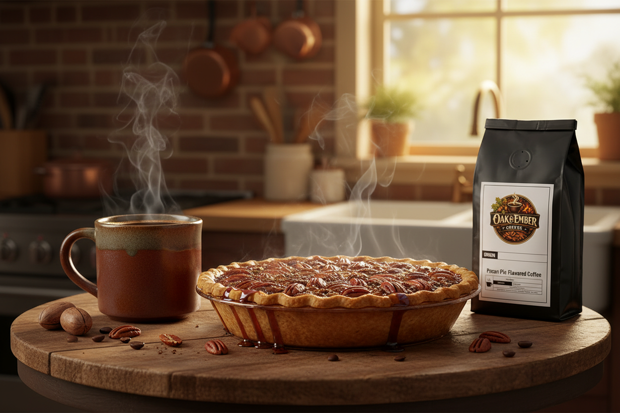 Freshly baked pecan pie with coffee