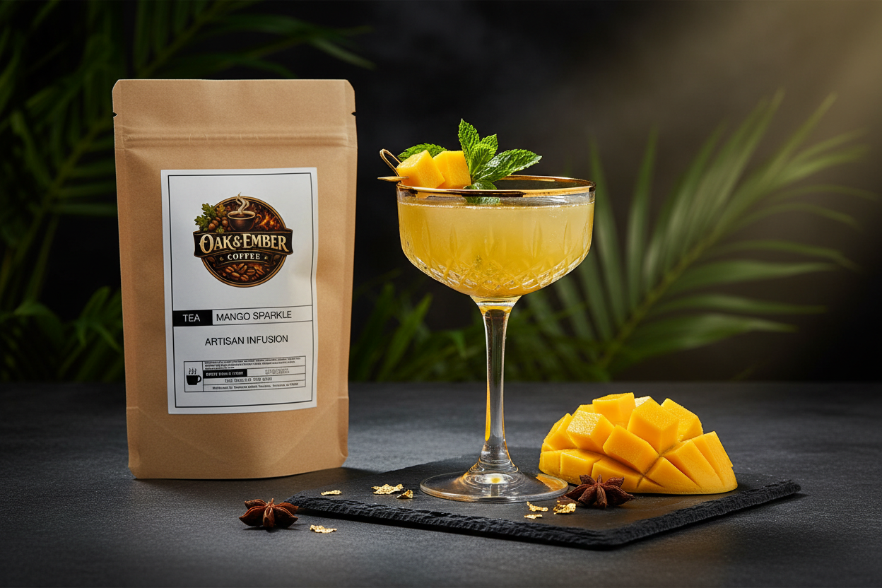 Golden mango sparkling mocktail in coupe glass