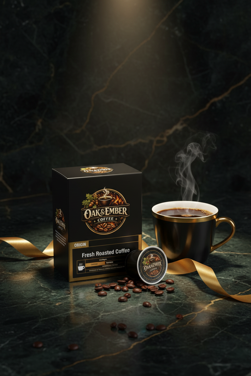 Hero portrait — compact box with 3 capsules, gold ribbon & coffee beans