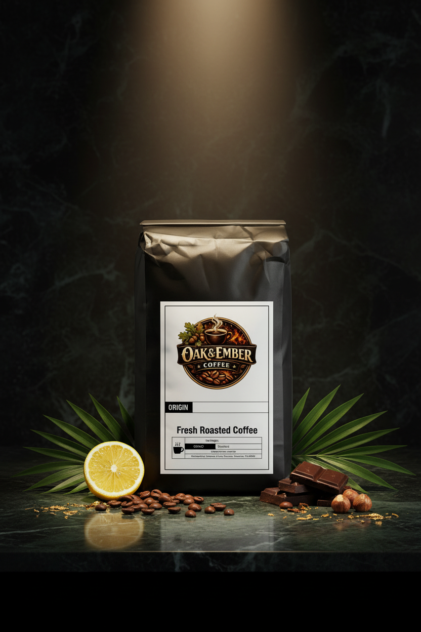 Hero portrait with beans, lemon, chocolate & tropical leaves
