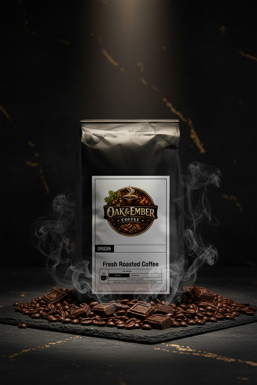 Hero portrait with dark oily beans, chocolate & smoke