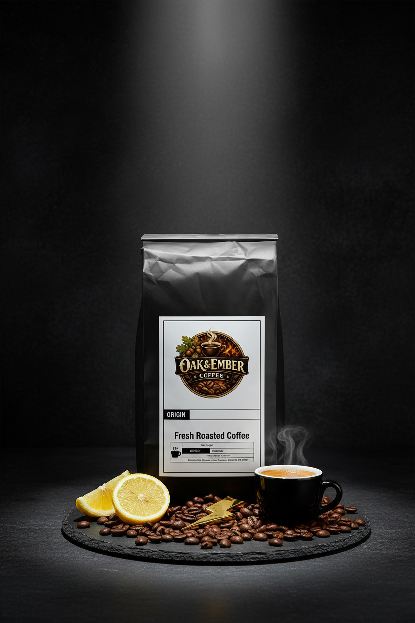 Hero portrait with espresso shot, citrus & gold lightning bolt