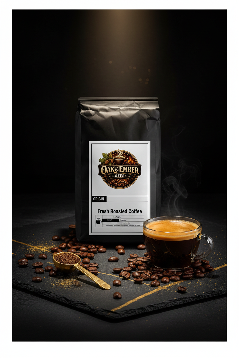 Hero portrait with espresso shot & coffee beans at base