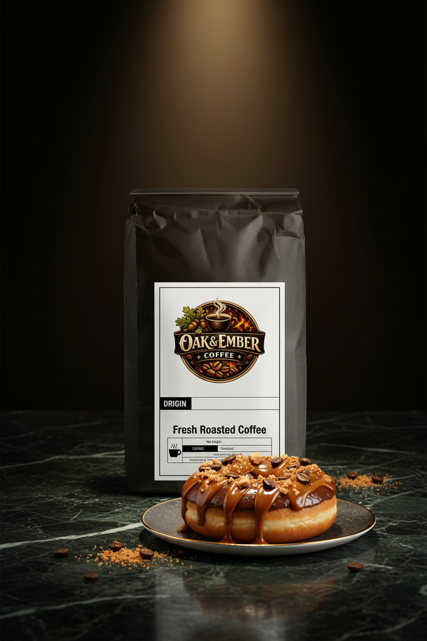 Hero portrait with glazed donut, caramel & toffee at base