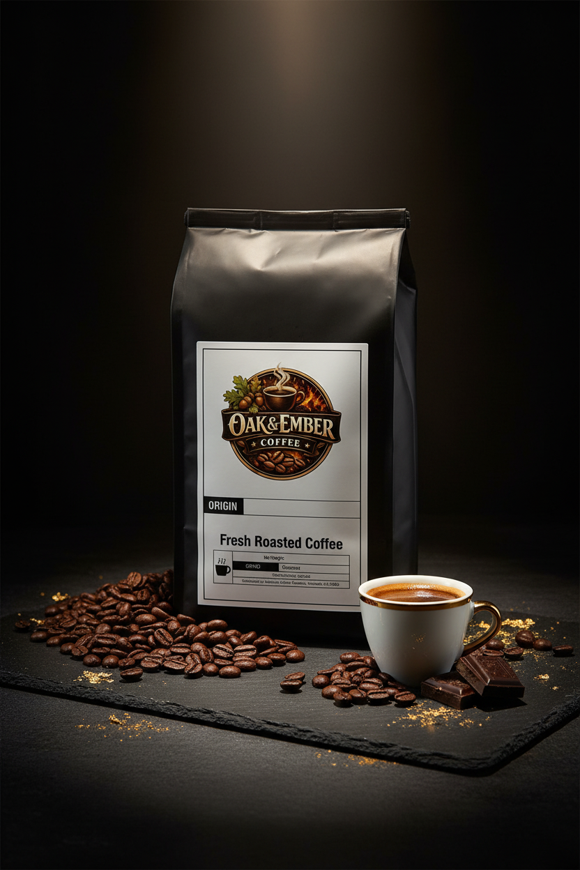 Hero portrait with oily beans, espresso & dark chocolate