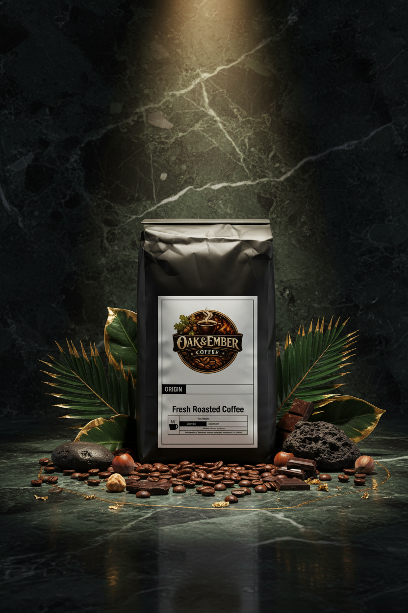 Hero portrait with rainforest leaves, volcanic stones & chocolate