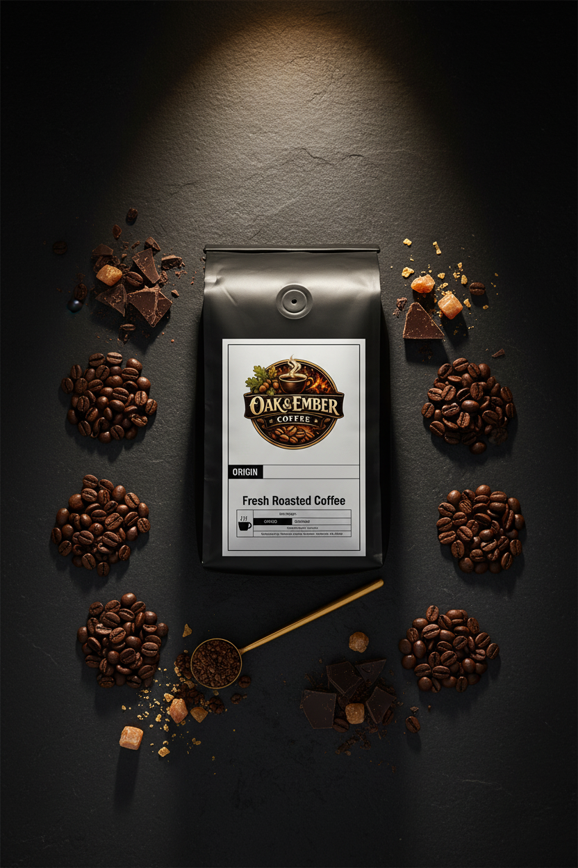 Hero portrait with six origin bean piles, chocolate & caramel