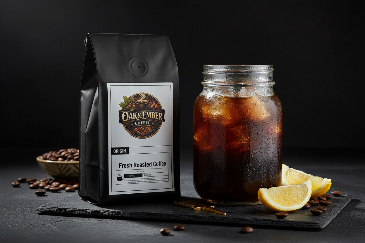 High-caffeine cold brew mason jar with condensation & citrus
