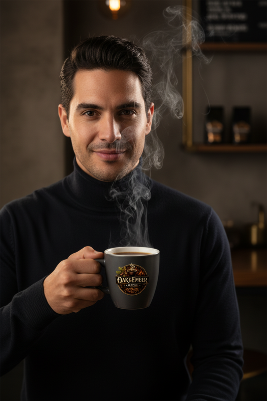 Hispanic/Latino man confident & knowing with Oak & Ember mug ☕🌍