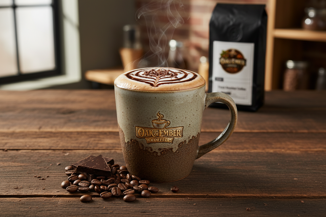 Homemade mocha latte with foam & shavings