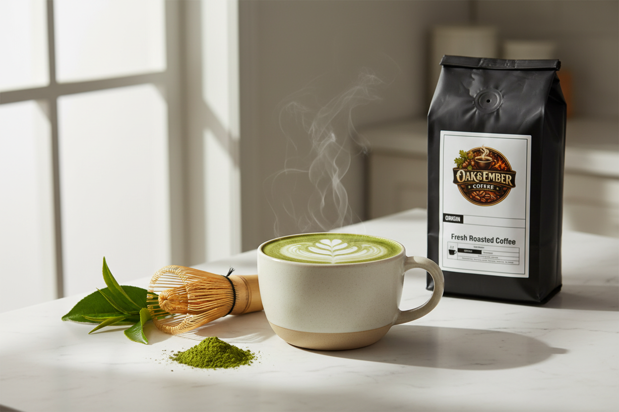 Hot matcha latte with latte art by sunny window