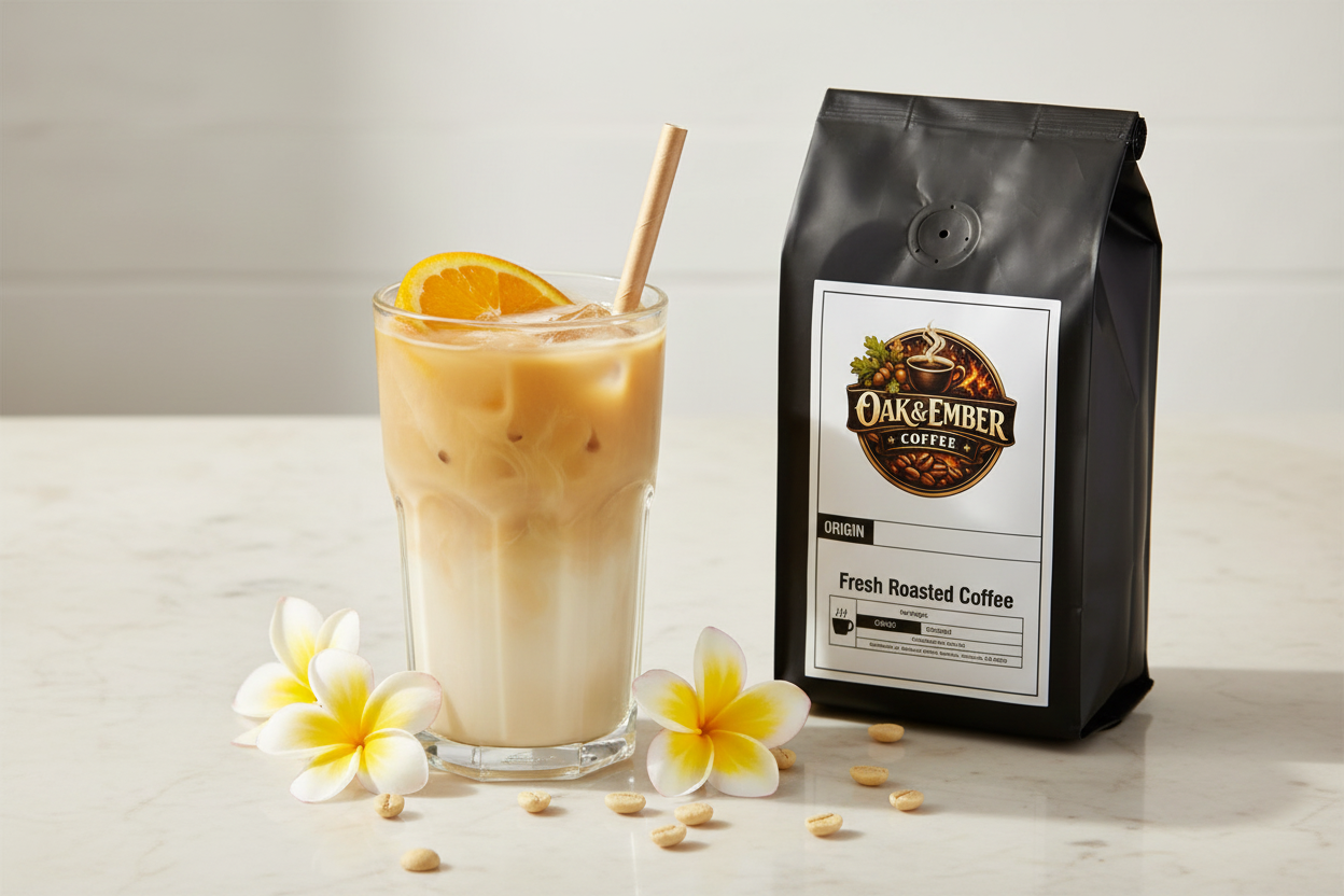 Iced blonde latte with oat milk & citrus