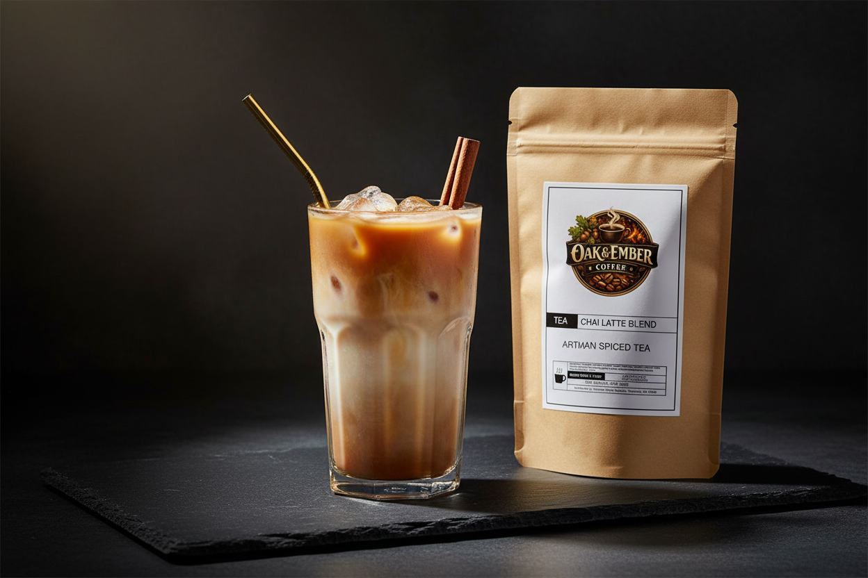 Iced chai latte with oat milk & cinnamon stick