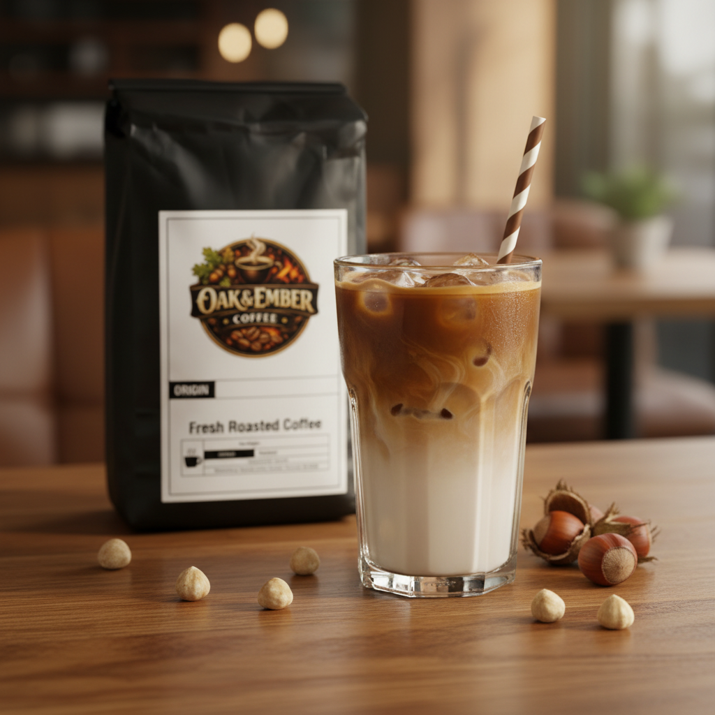 Iced hazelnut latte with oat milk