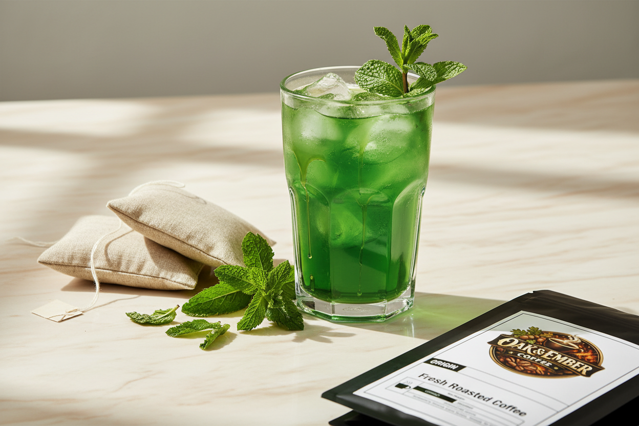 Iced mint tea with honey drizzle & spearmint