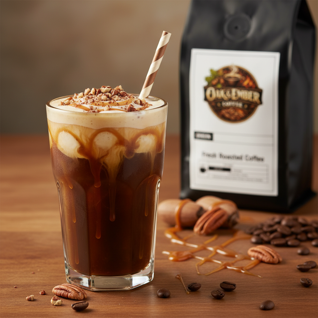 Iced pecan pie coffee with crushed pecans