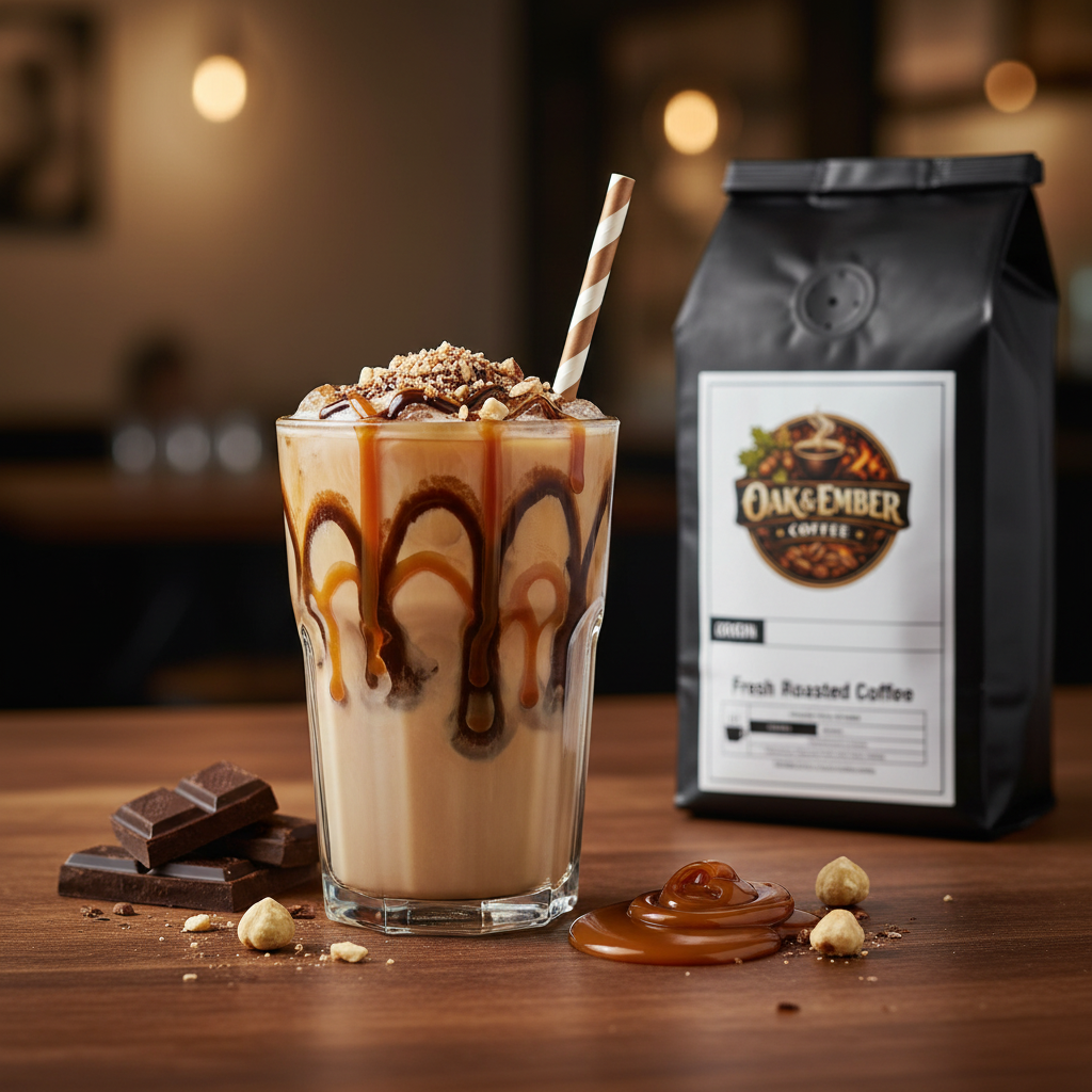Iced turtle coffee with chocolate-caramel swirl