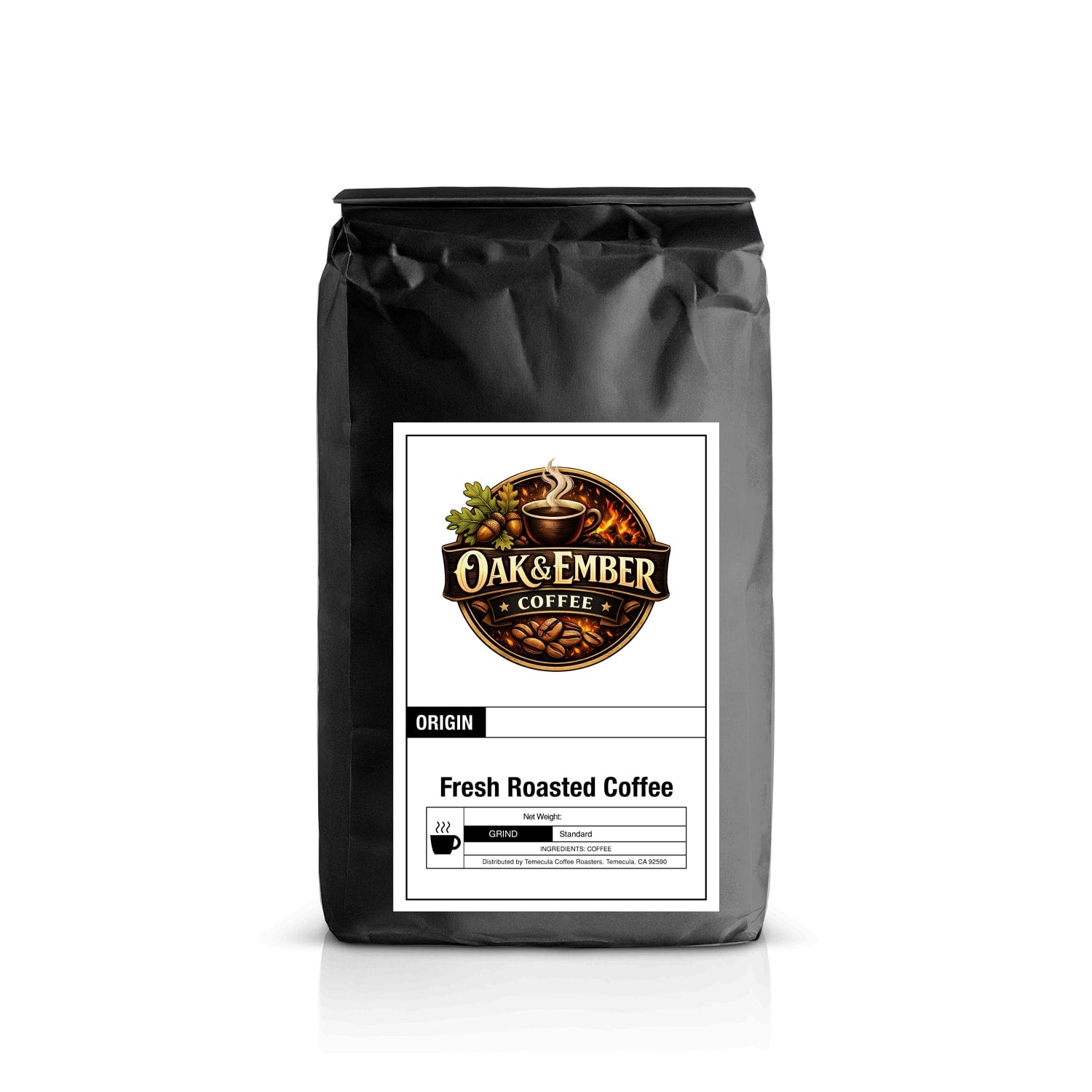 Black coffee bag with Oak & Ember Coffee label on a white background