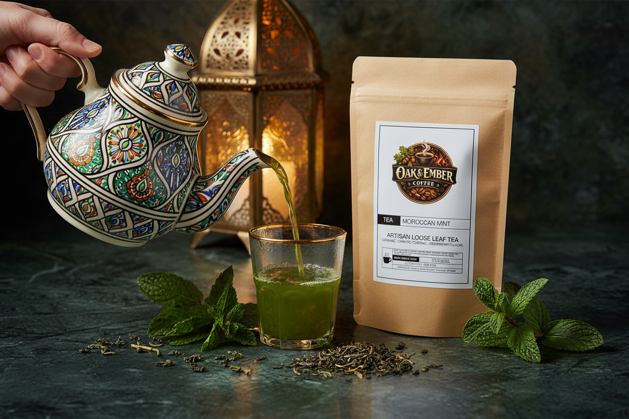 Moroccan teapot pouring into gold-rimmed glass