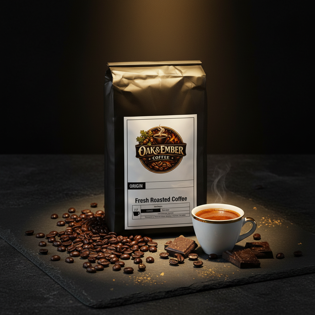 Oily dark beans, espresso shot & dark chocolate on slate