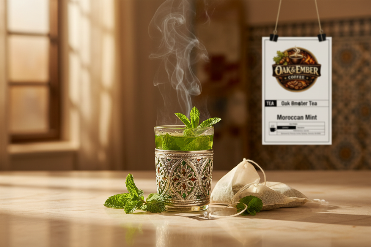 Ornate Moroccan glass with vibrant mint tea