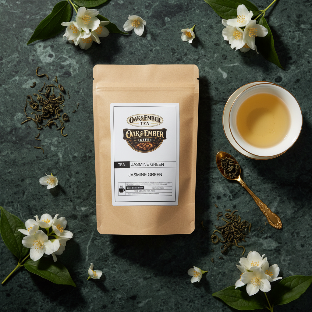 Overhead dark green marble flat lay with gaiwan