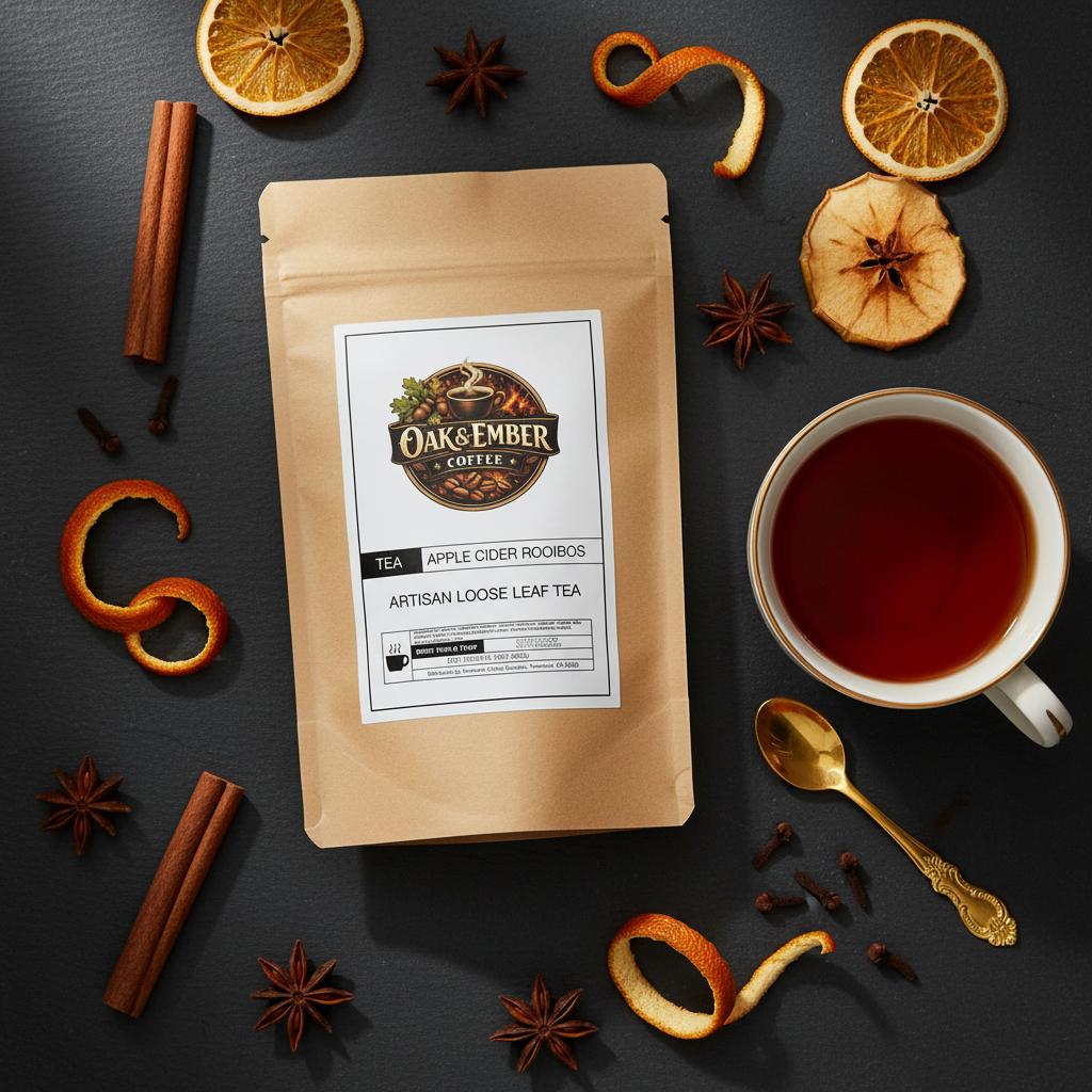 Overhead dark slate flat lay with amber-red tea