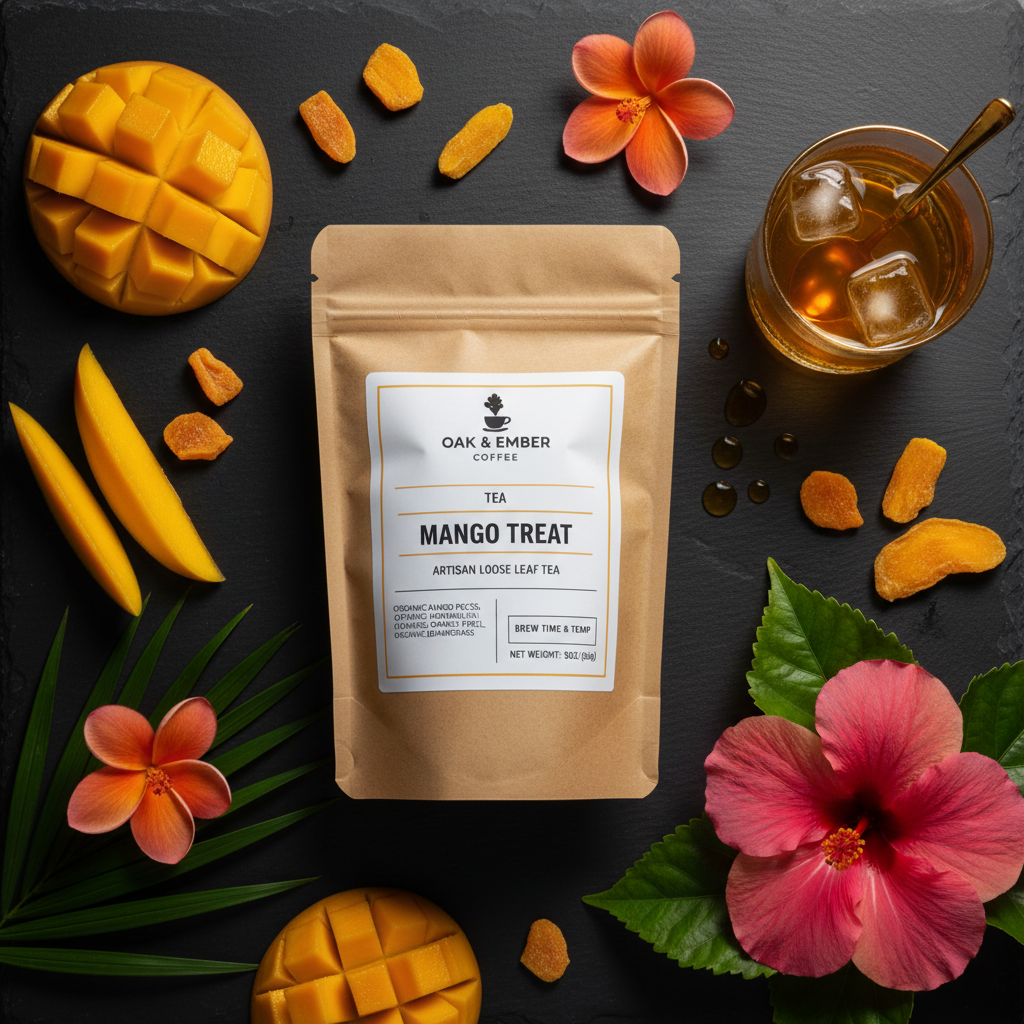 Overhead dark slate flat lay with golden mango tea