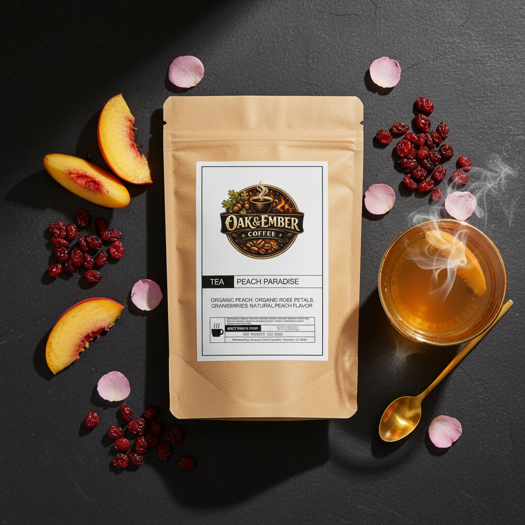 Overhead dark slate flat lay with golden peach tea