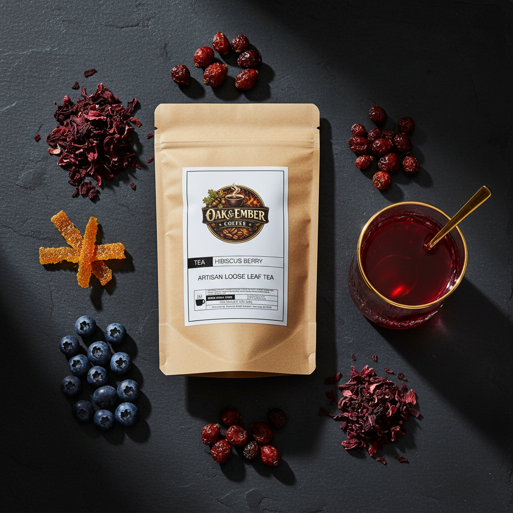 Overhead dark slate flat lay with ruby-red tea