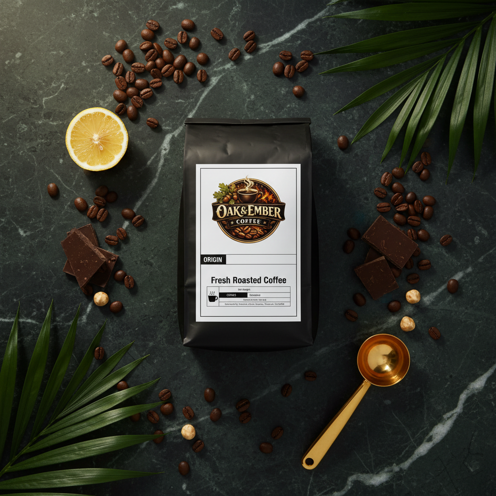Overhead flat lay with beans, lemon, chocolate & gold scoop
