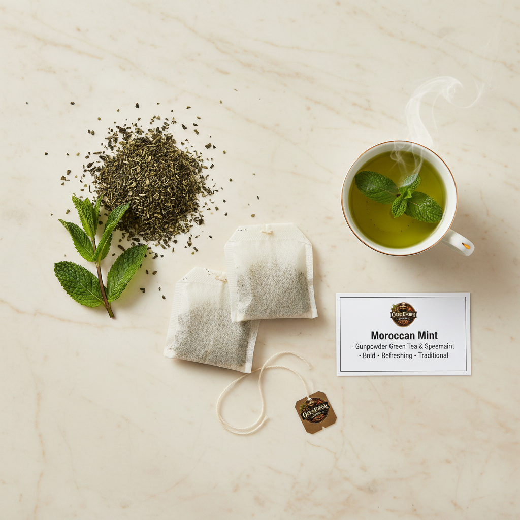 Overhead flat lay with beige bags & mint sprigs
