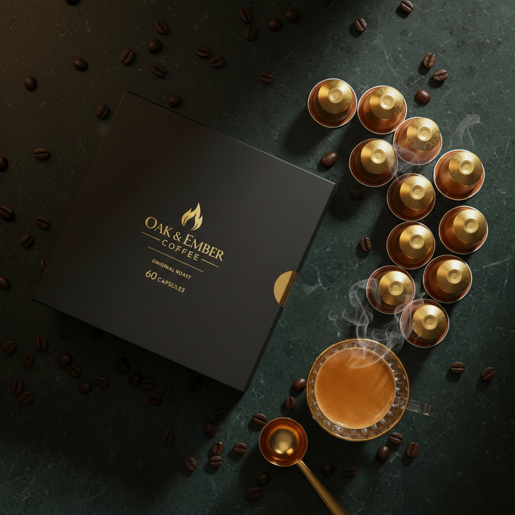 Overhead flat lay with capsules fanned out, gold cup & coffee beans