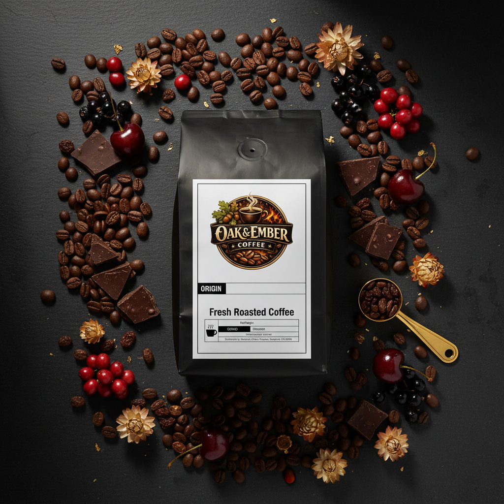 Overhead flat lay with cherries, currants, chocolate & gold scoop