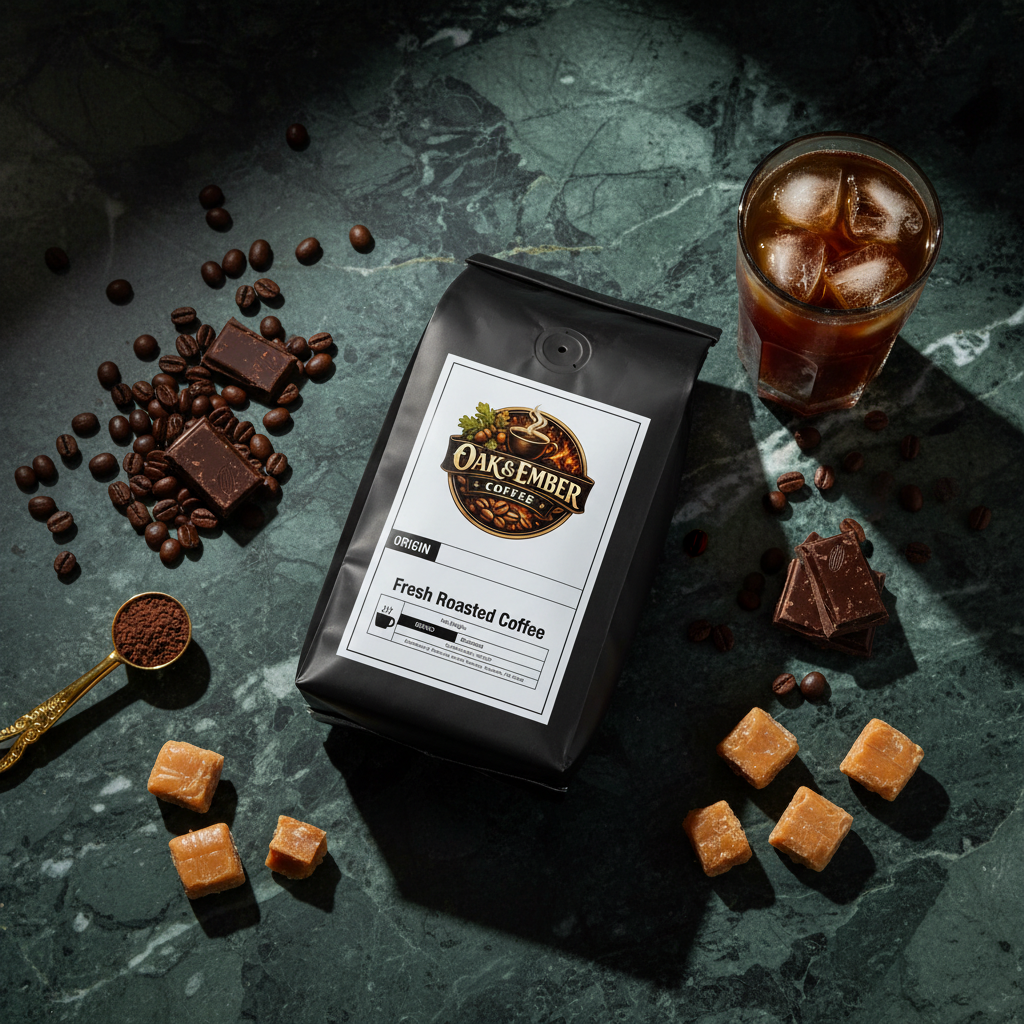 Overhead flat lay with cold brew glass, chocolate & gold scoop