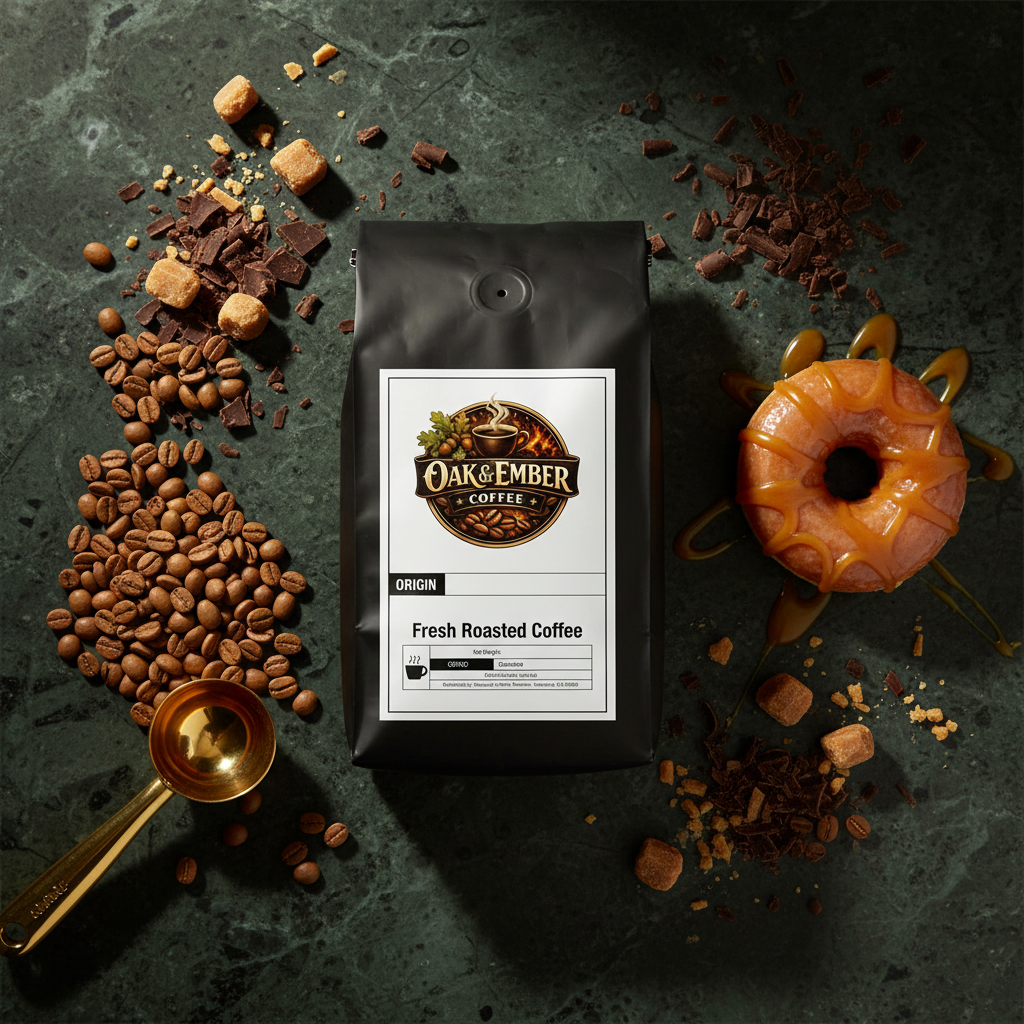 Overhead flat lay with donut, caramel, toffee & gold scoop